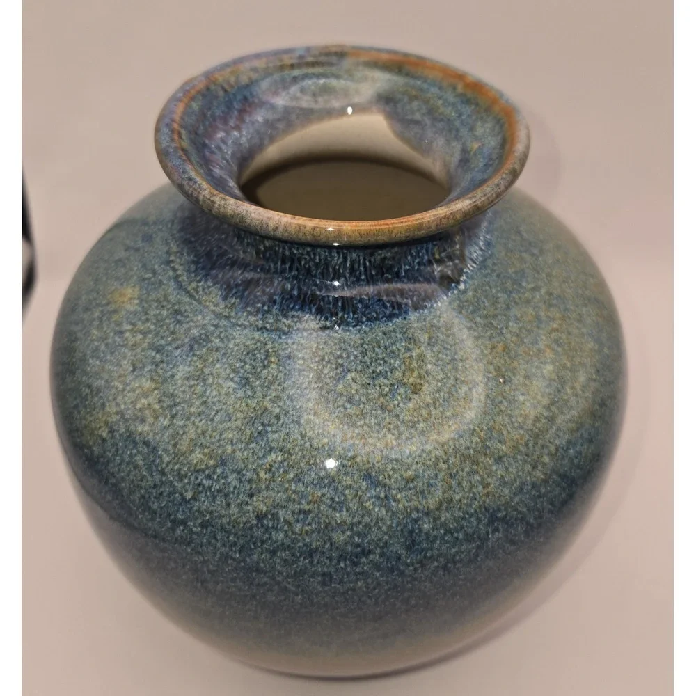 Blue Stoneware Vase Blended With Rust And Black Hues Glazed. 7.5